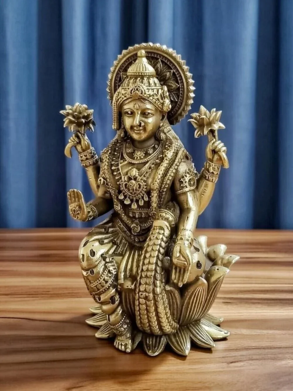 Brass Lakshmi Statue - Seated on Lotus, Ornate Religious Figurine for Home
